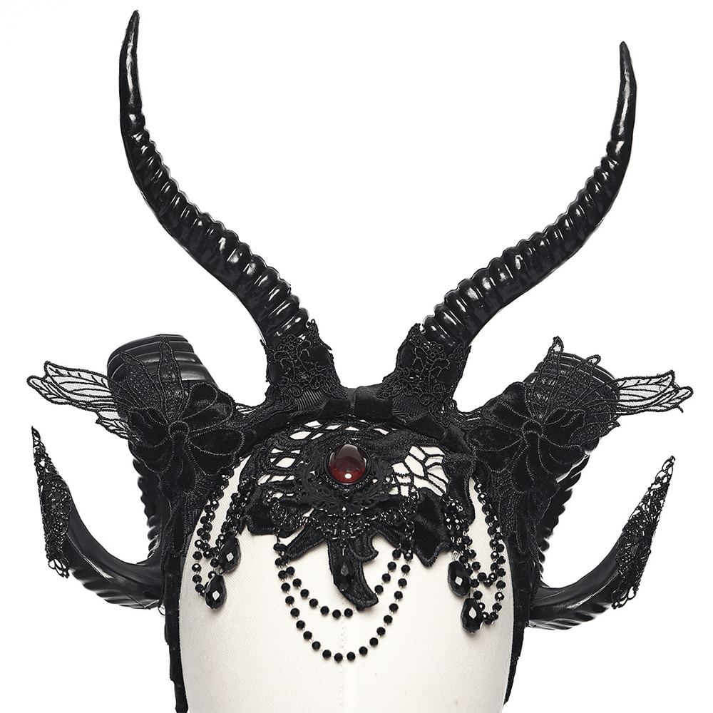 Gothic Black Horned Veil with Lace and Gemstone Chains showcasing intricate lace and dramatic horns.