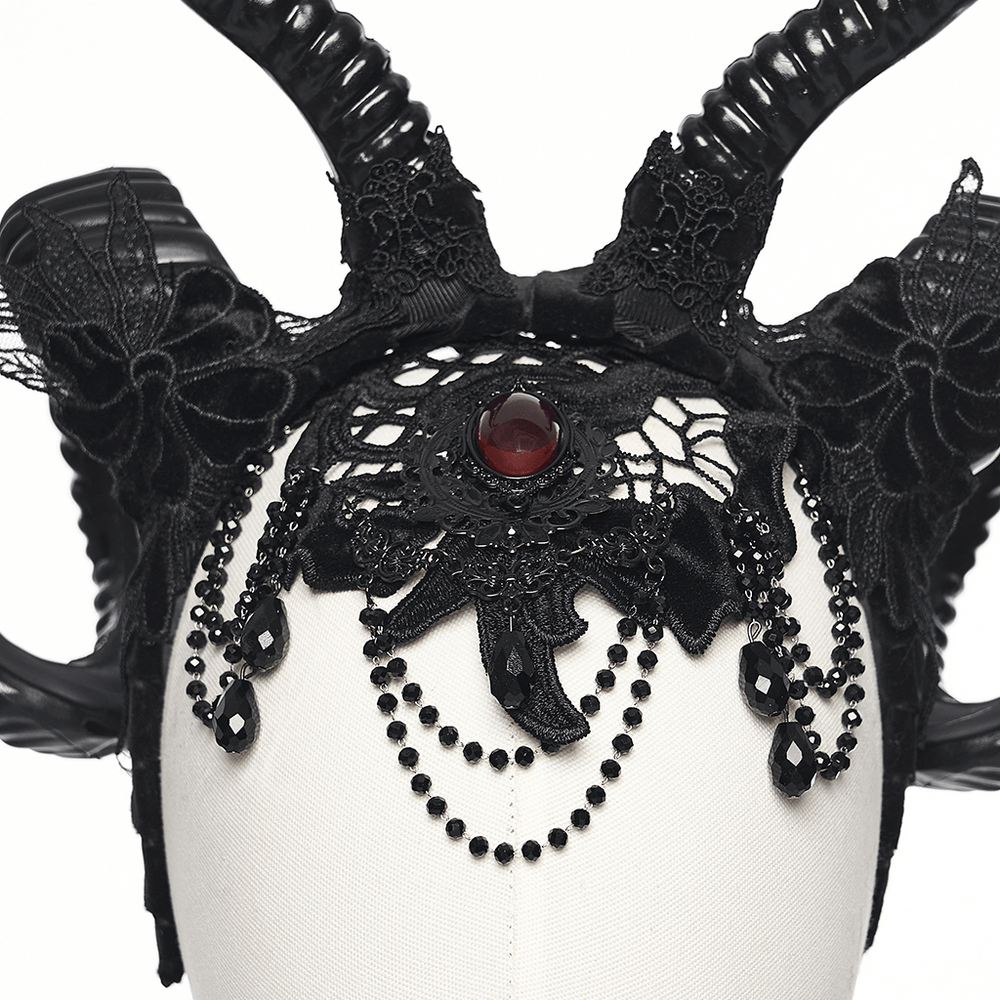 Gothic Black Horned Veil with Lace and Gemstone Chains showcasing intricate lace and gemstone details.