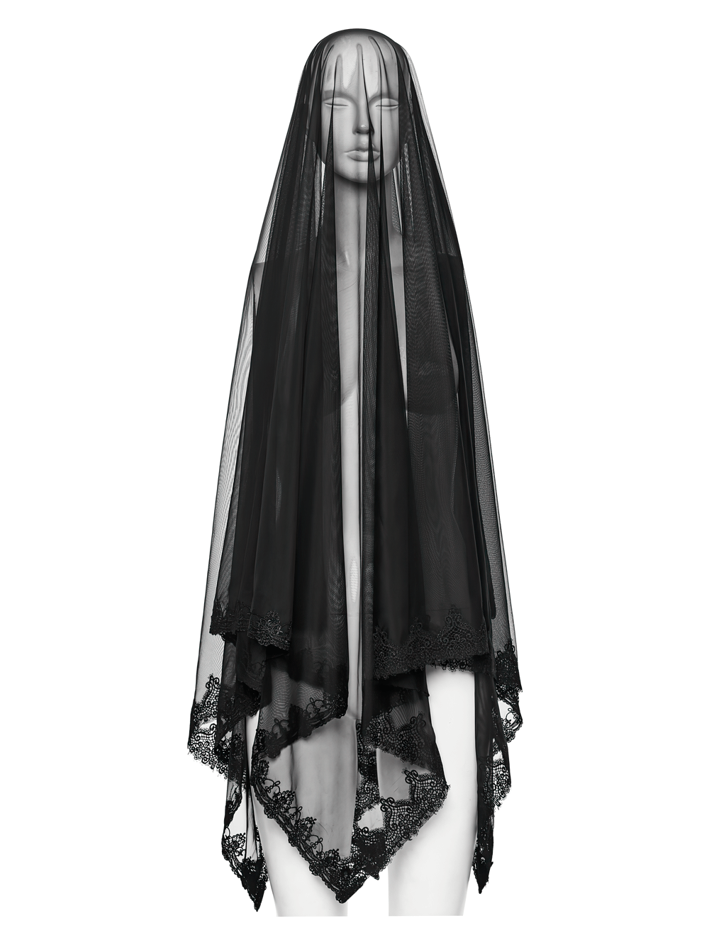 Gothic Black Horned Veil with Lace and Gemstone Chains showcased on a mannequin, featuring sheer black mesh and lace edges.
