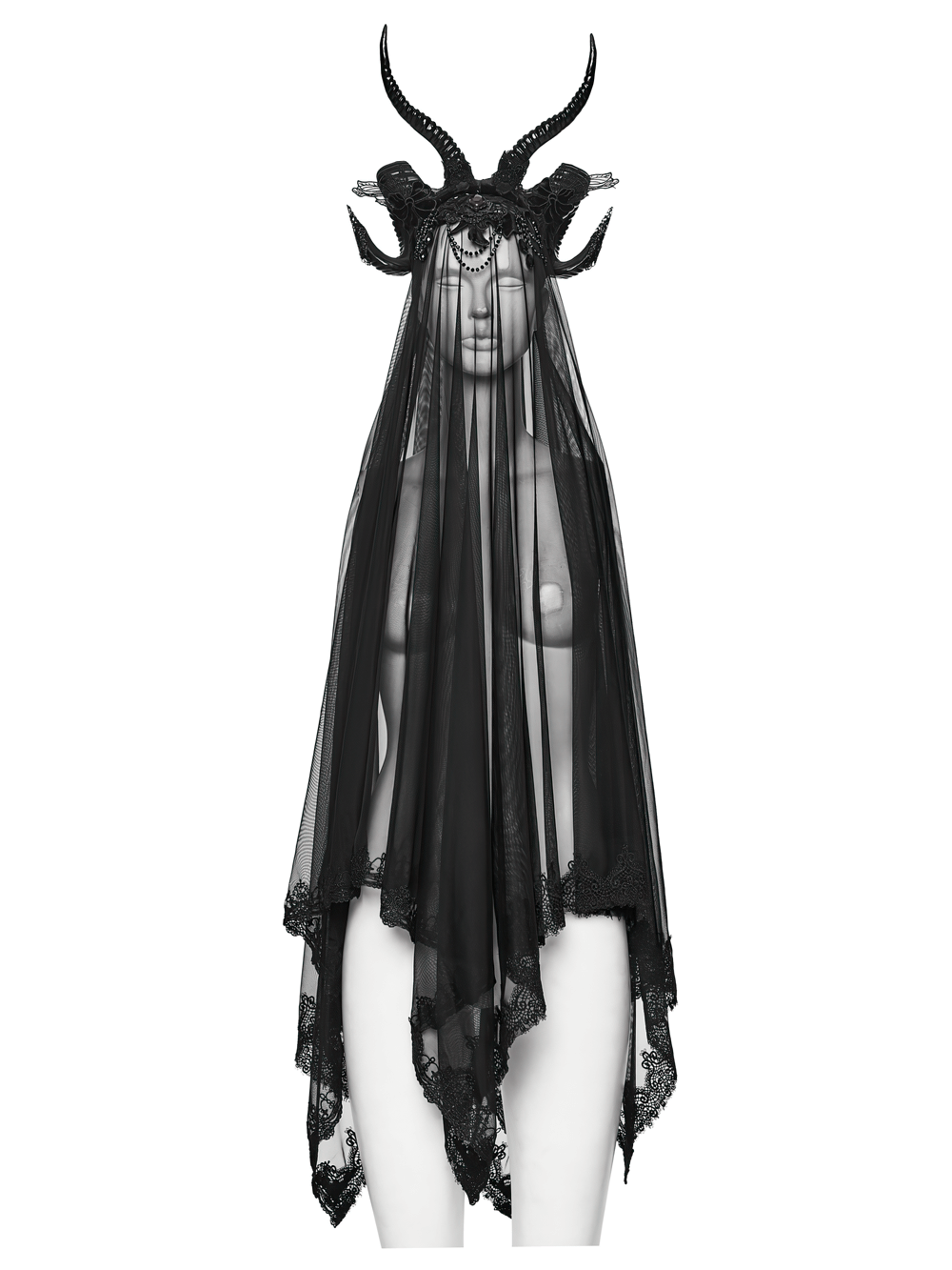 Gothic Black Horned Veil with Lace and Gemstone Chains on a mannequin, featuring sheer mesh and intricate details.