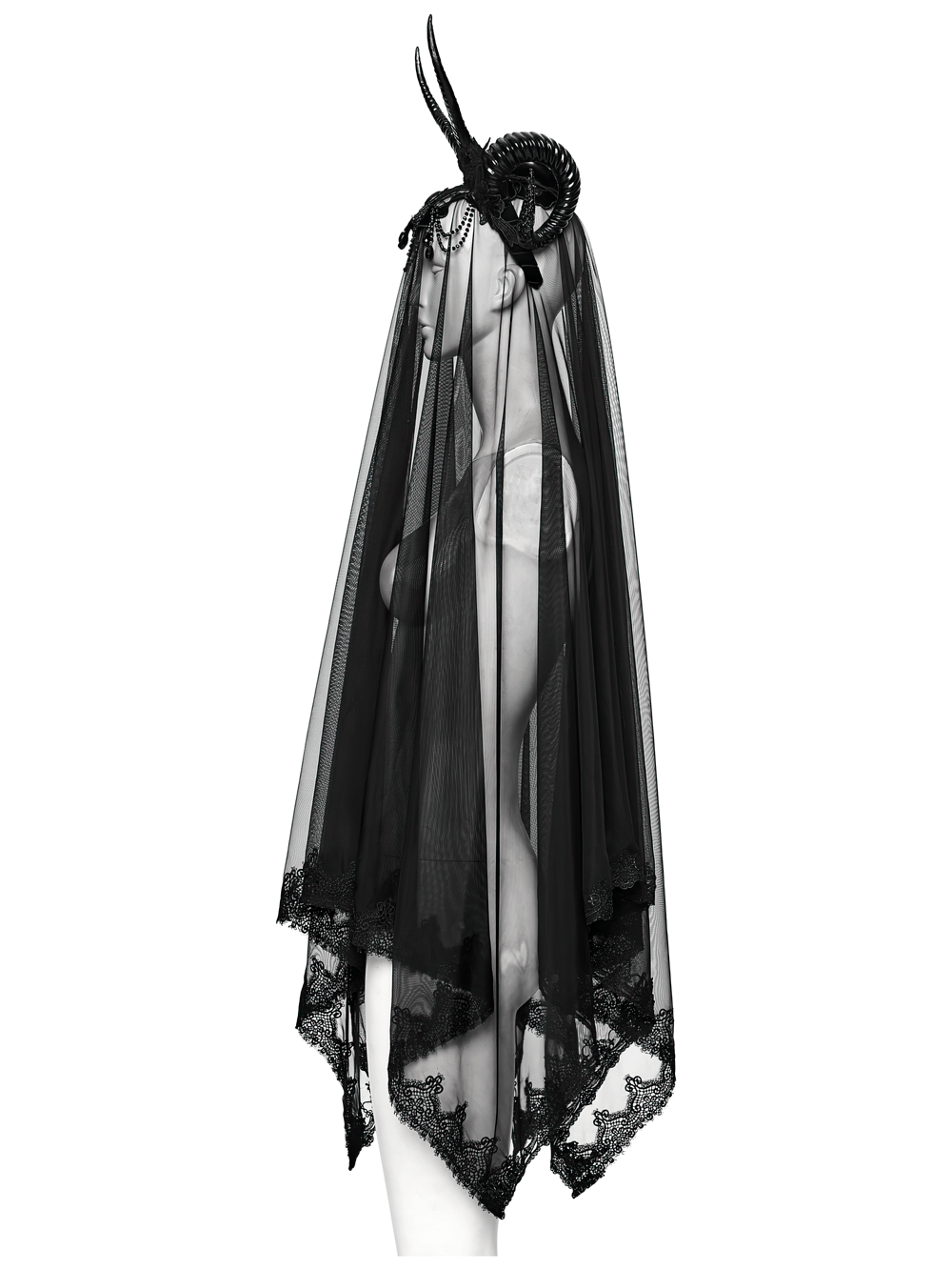 Gothic Black Horned Veil with Lace and Gemstone Chains displayed on a mannequin, showcasing its dark mesh and elegant design.