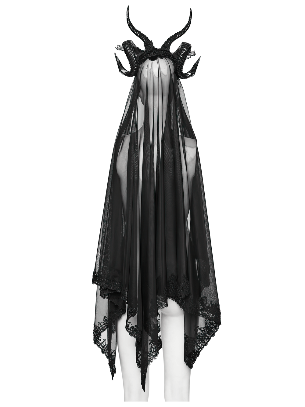 Gothic Black Horned Veil with Lace and Gemstone Chains, featuring sheer mesh and dramatic lace detailing.
