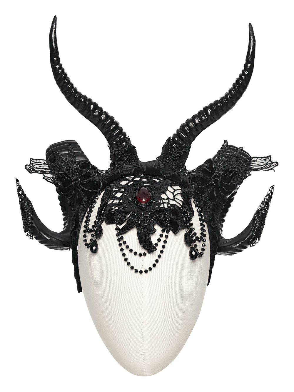 Gothic Black Horned Veil with Lace and Gemstone Chains featuring dramatic lace and chain details.