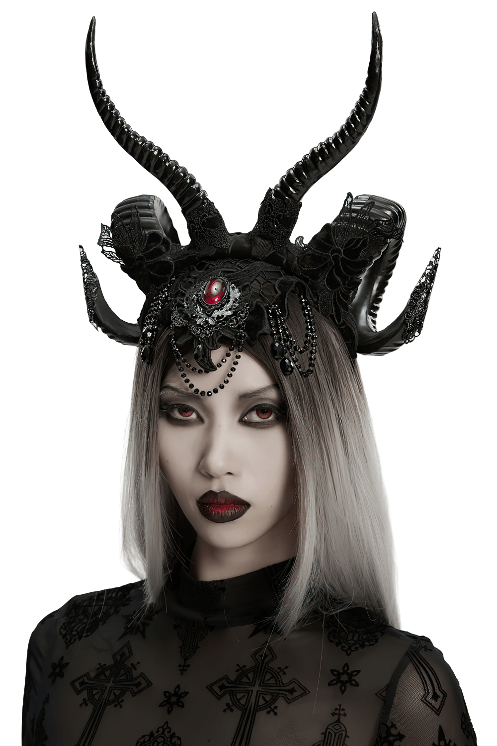 Gothic Black Horned Veil with Lace and Gemstone Chains worn by a model, showcasing dark elegance and allure.