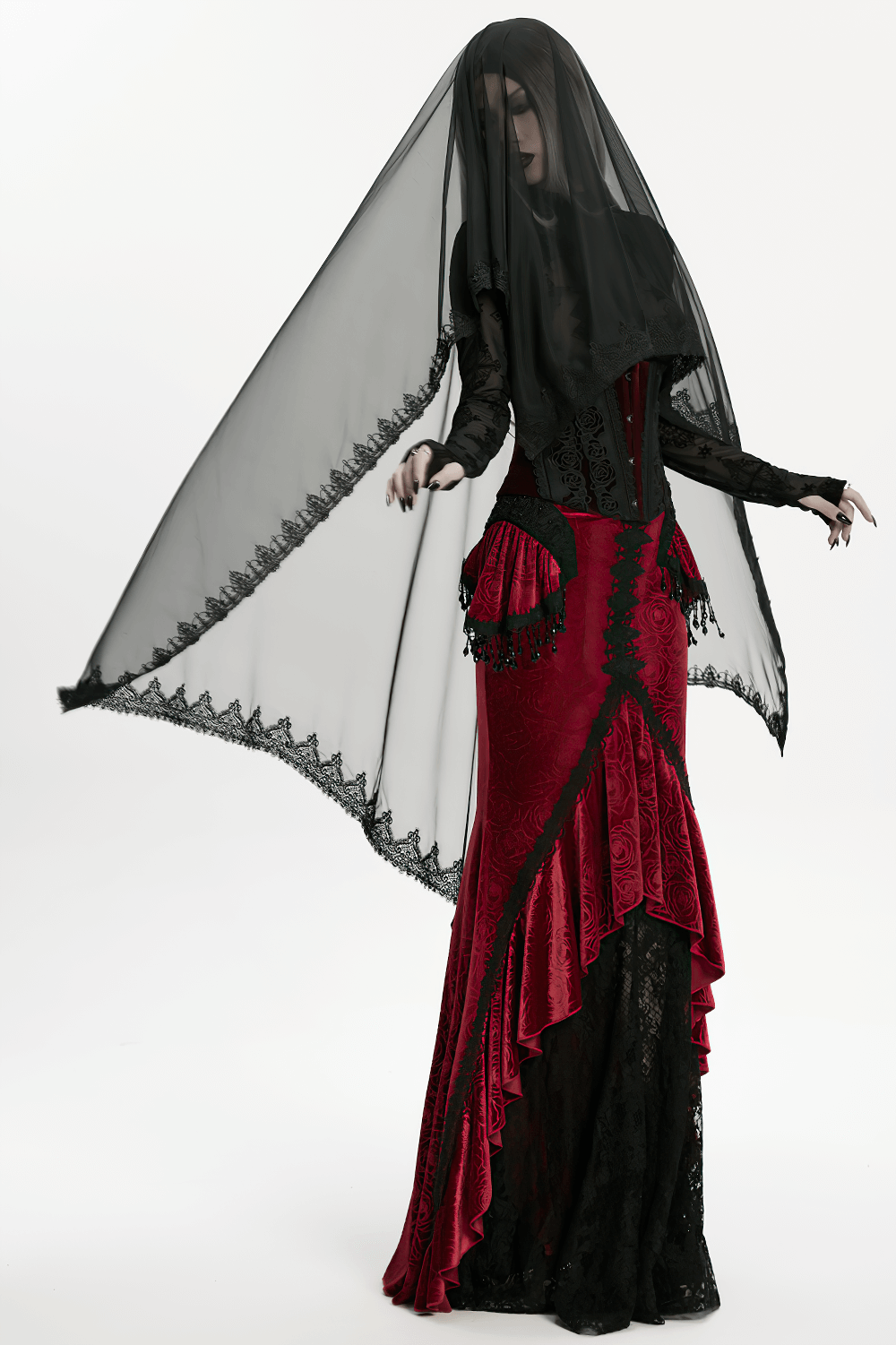 Gothic Black Horned Veil with Lace and Gemstone Chains worn with an elegant red and black dress, showcasing dark beauty.