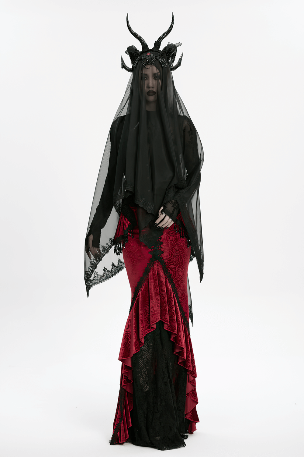 Gothic Black Horned Veil with Lace and Gemstone Chains worn by a model in a dramatic outfit.