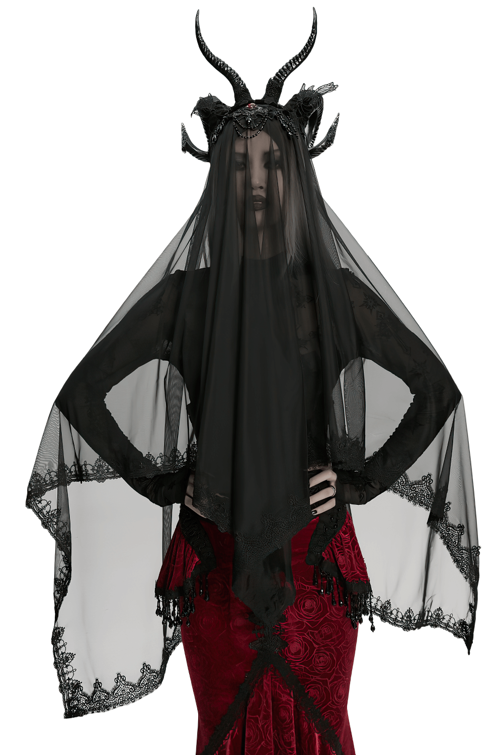 Gothic Black Horned Veil with Lace and Gemstone Chains elegantly draped in sheer black mesh and adorned with intricate lace.