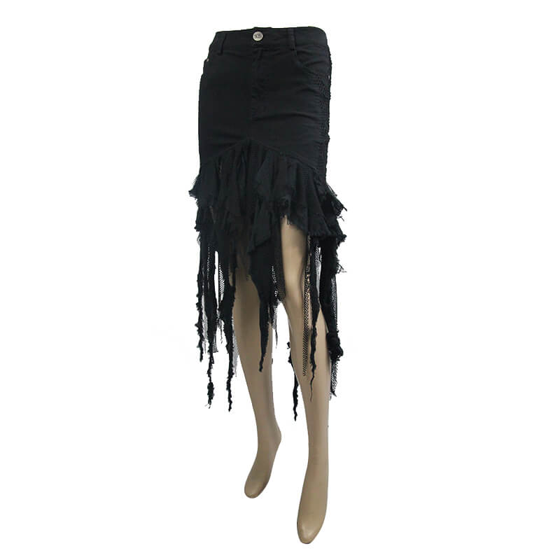 Gothic black irregular skirt for women featuring a stylish torn design and asymmetrical cut.