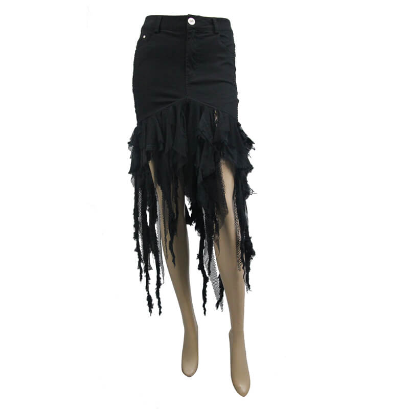 Gothic black irregular skirt for women featuring an asymmetrical cut and stylish shredded detail.
