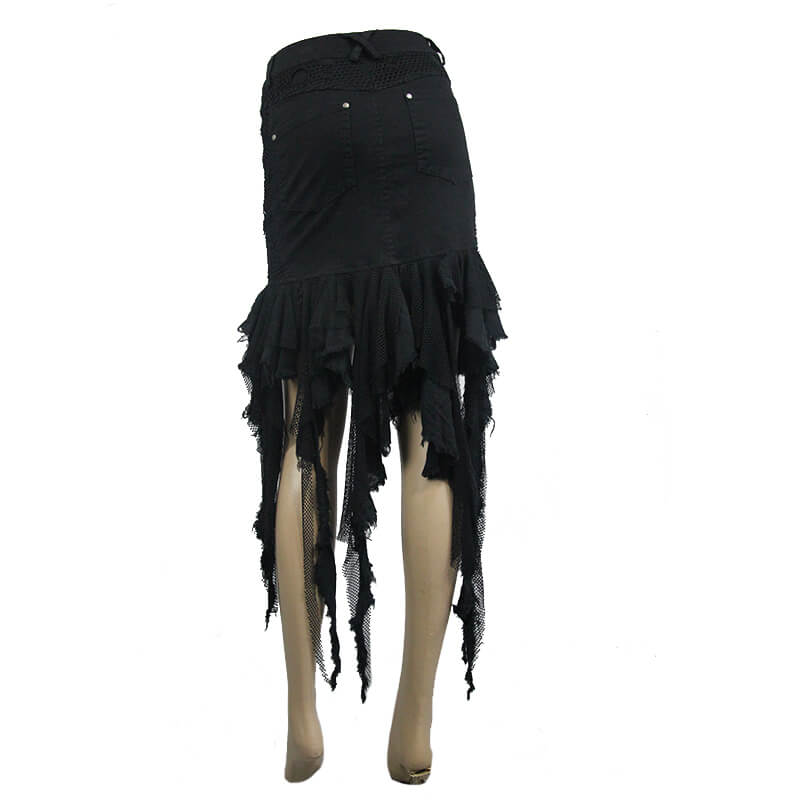 Gothic black irregular skirt for women with asymmetrical cut and ruffled hem, perfect for punk fashion.