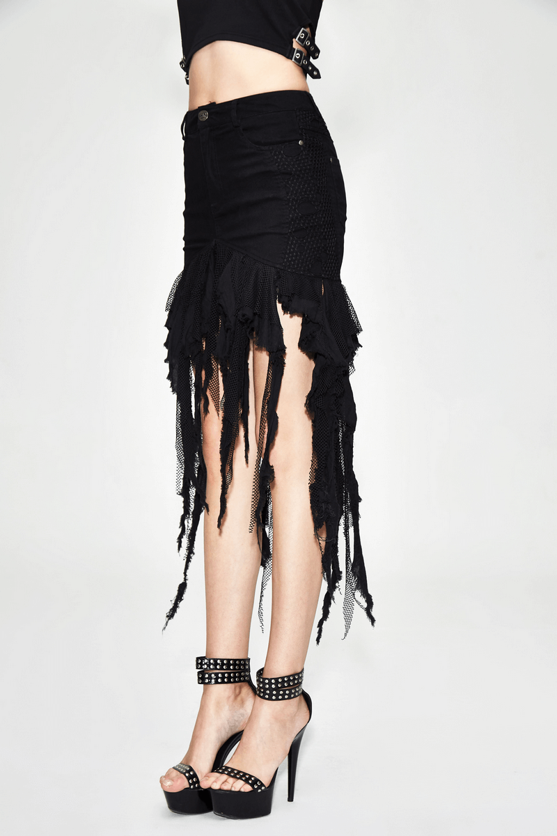 Gothic black irregular skirt for women with fringe detailing, paired with stylish high heels.
