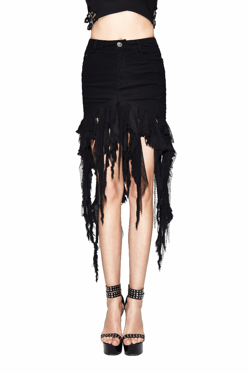 Gothic black irregular skirt for women with asymmetrical frayed hem and skull button accent, perfect for punk outfits.