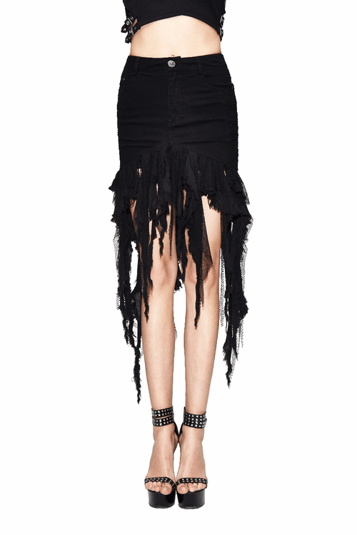 Gothic BLack Irregular Skirt For Women / Fashionable Torn Denim Skirt