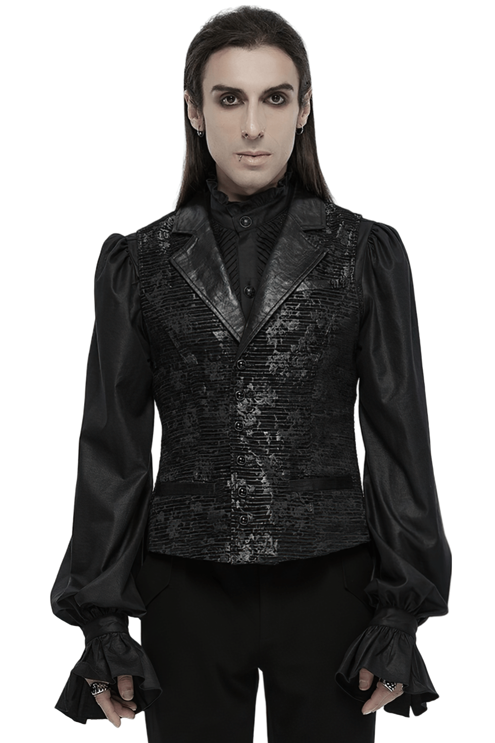 Gothic black jacquard waistcoat with gemstone buckle, worn stylishly by a model in black attire.
