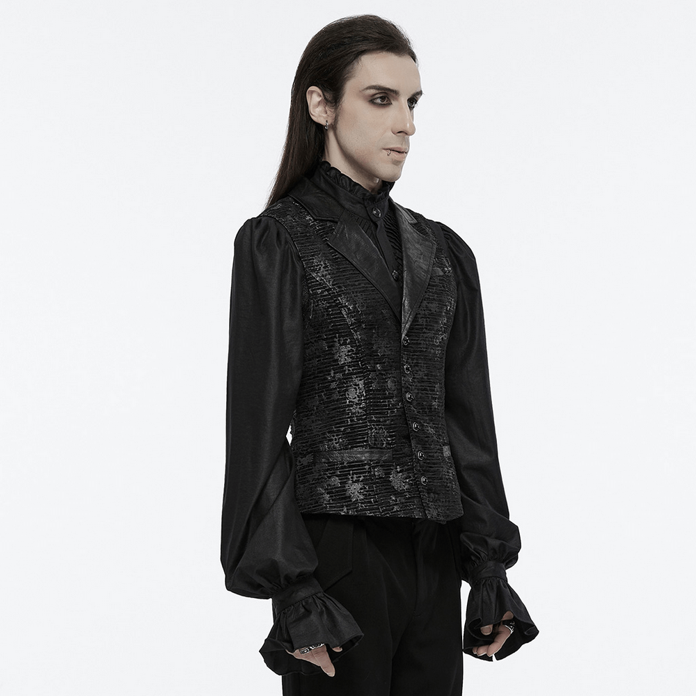 Stylish Gothic black jacquard waistcoat with skull details and 3D gemstone buckle, paired with elegant sleeves.