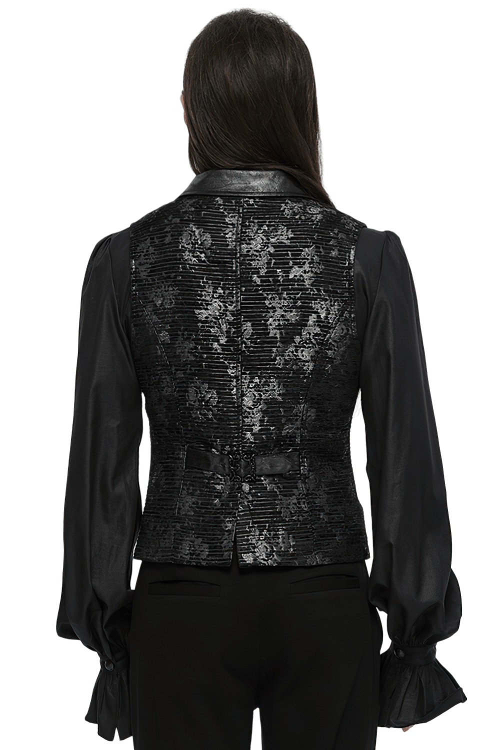 Black Gothic jacquard waistcoat with skull details, featuring a decorative loop and elegant collar, styled from the back.