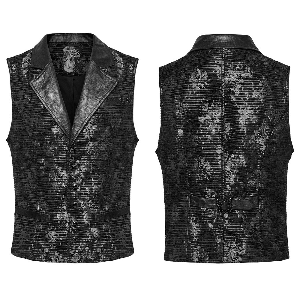 Gothic black jacquard waistcoat with skull details and gemstone buckle, front and back view. Stylish and unique design!