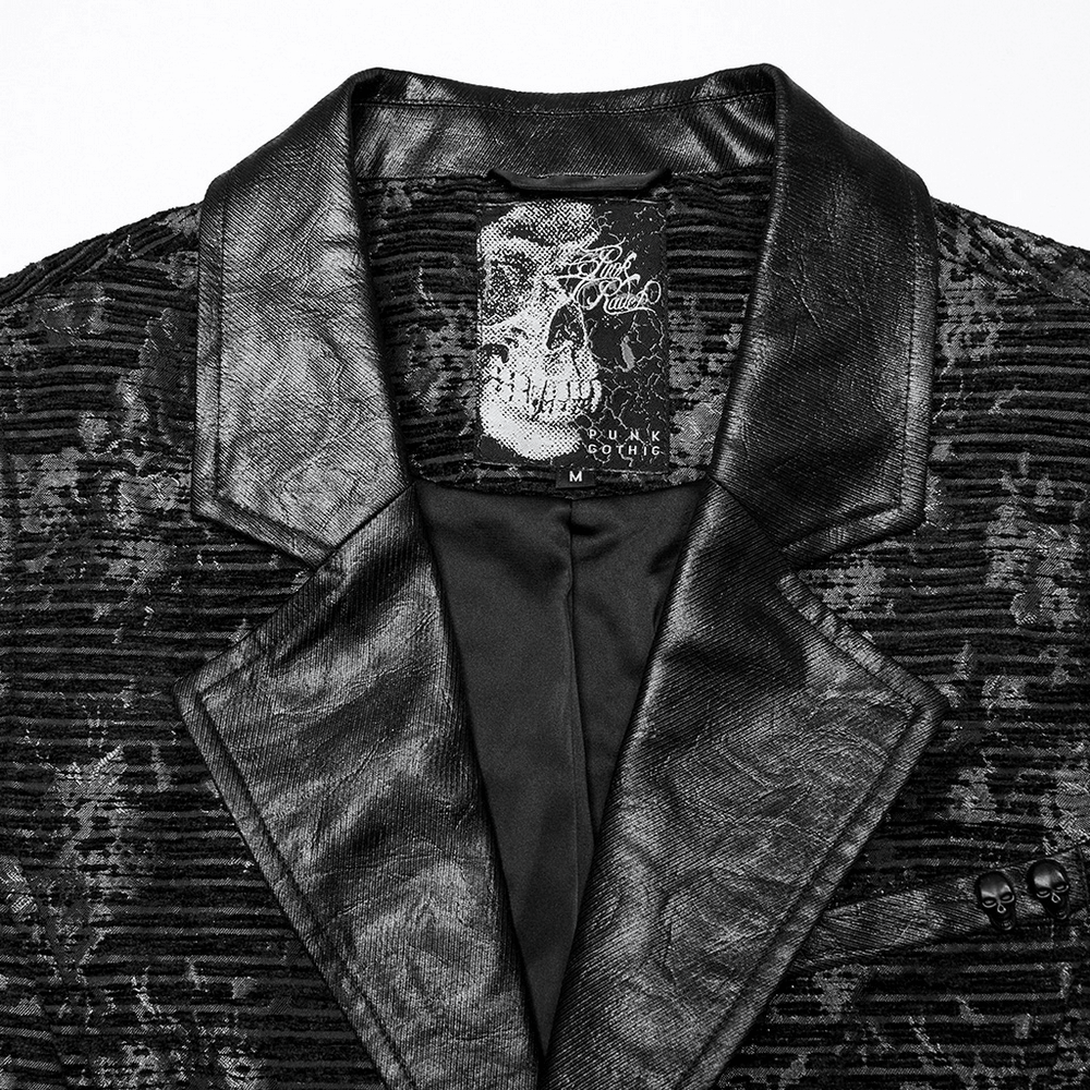 Gothic black jacquard waistcoat with skull details and leather collar, showcasing intricate design and style.