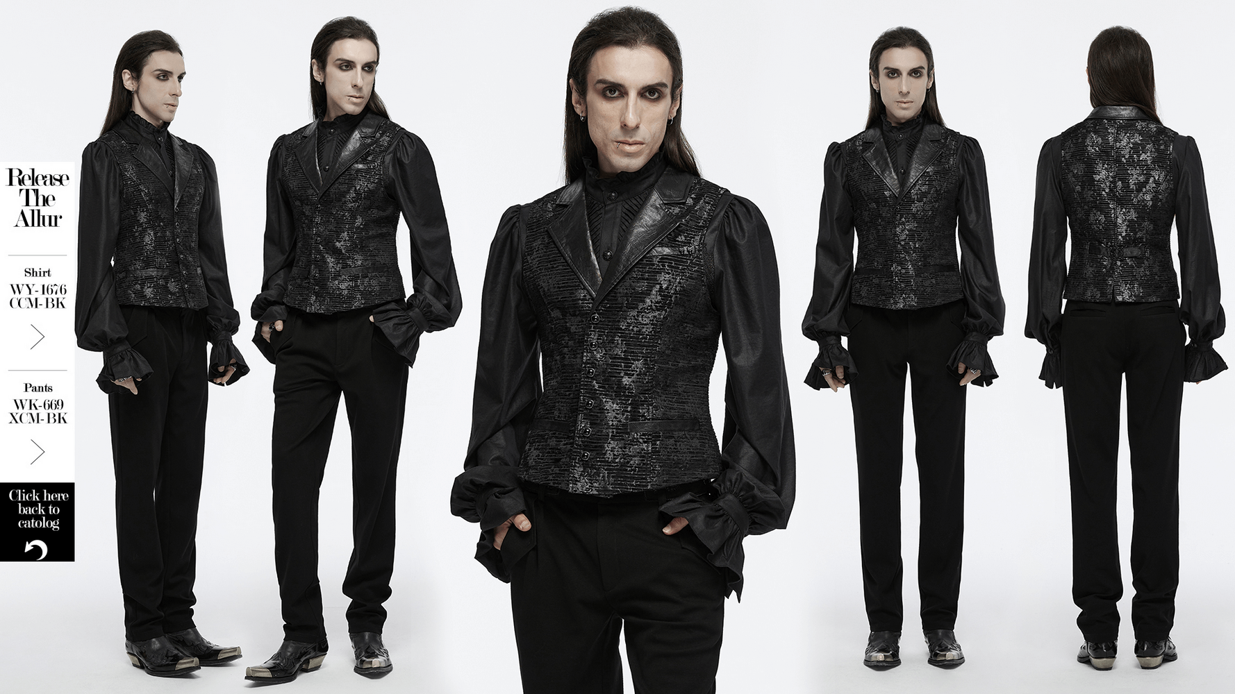 Gothic black jacquard waistcoat with gemstone buckle, model showcasing a fitted design and skull details.