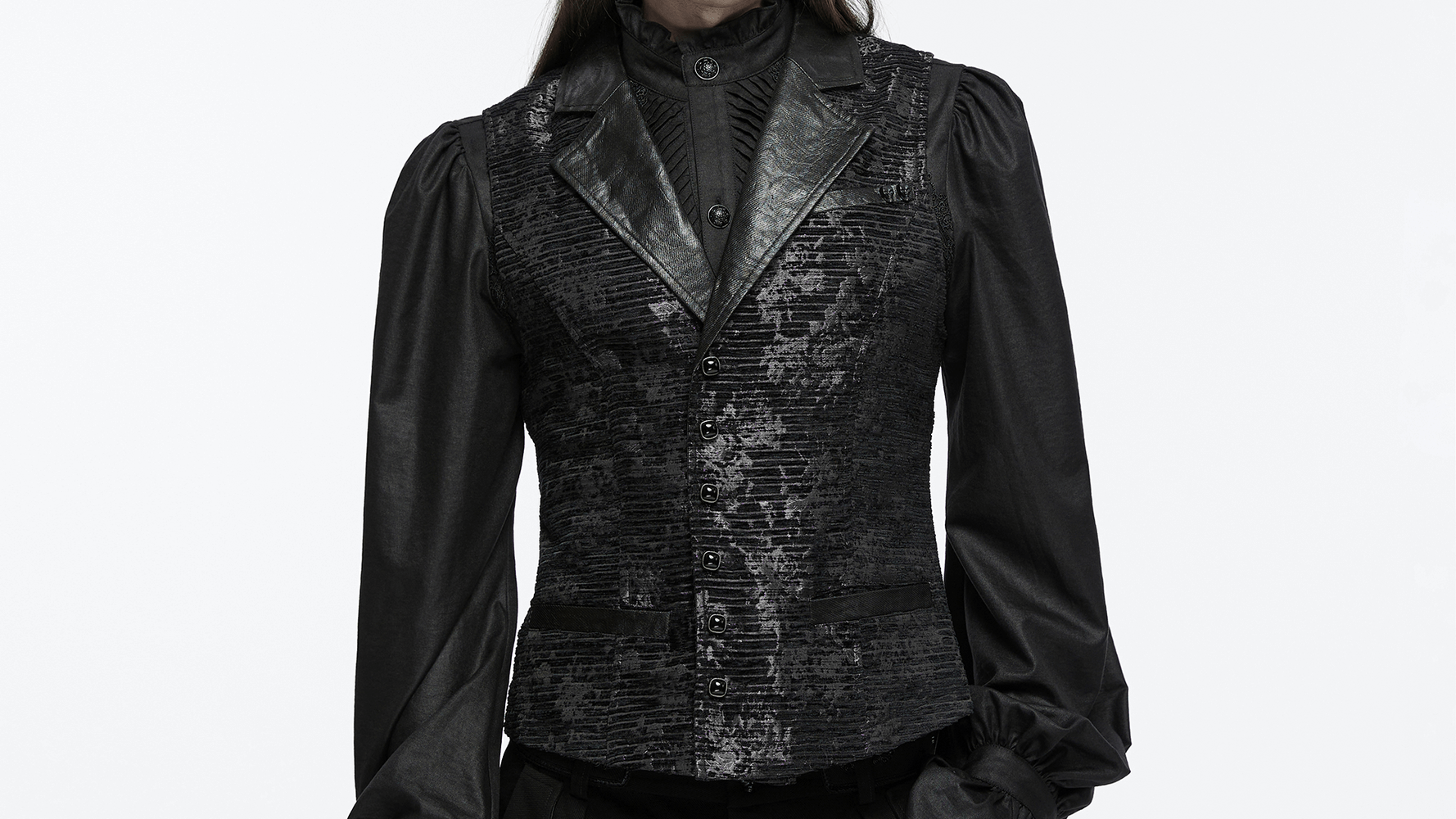 Gothic black jacquard waistcoat with gemstone buckle and skull details, featuring a fitted design and elegant flip collar.