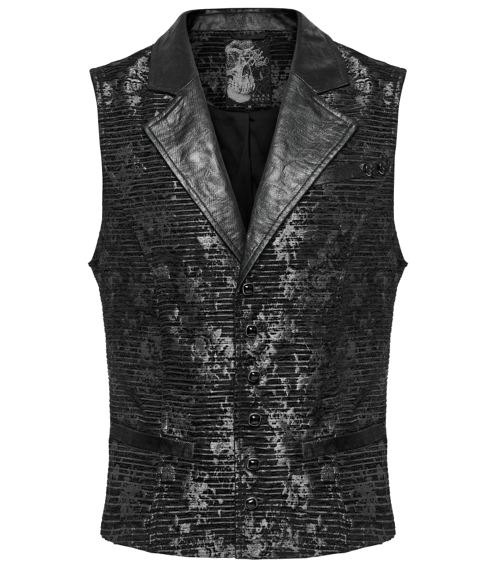 Gothic black jacquard waistcoat with skull details and gemstone buckle, showcasing a stylish fitted design.