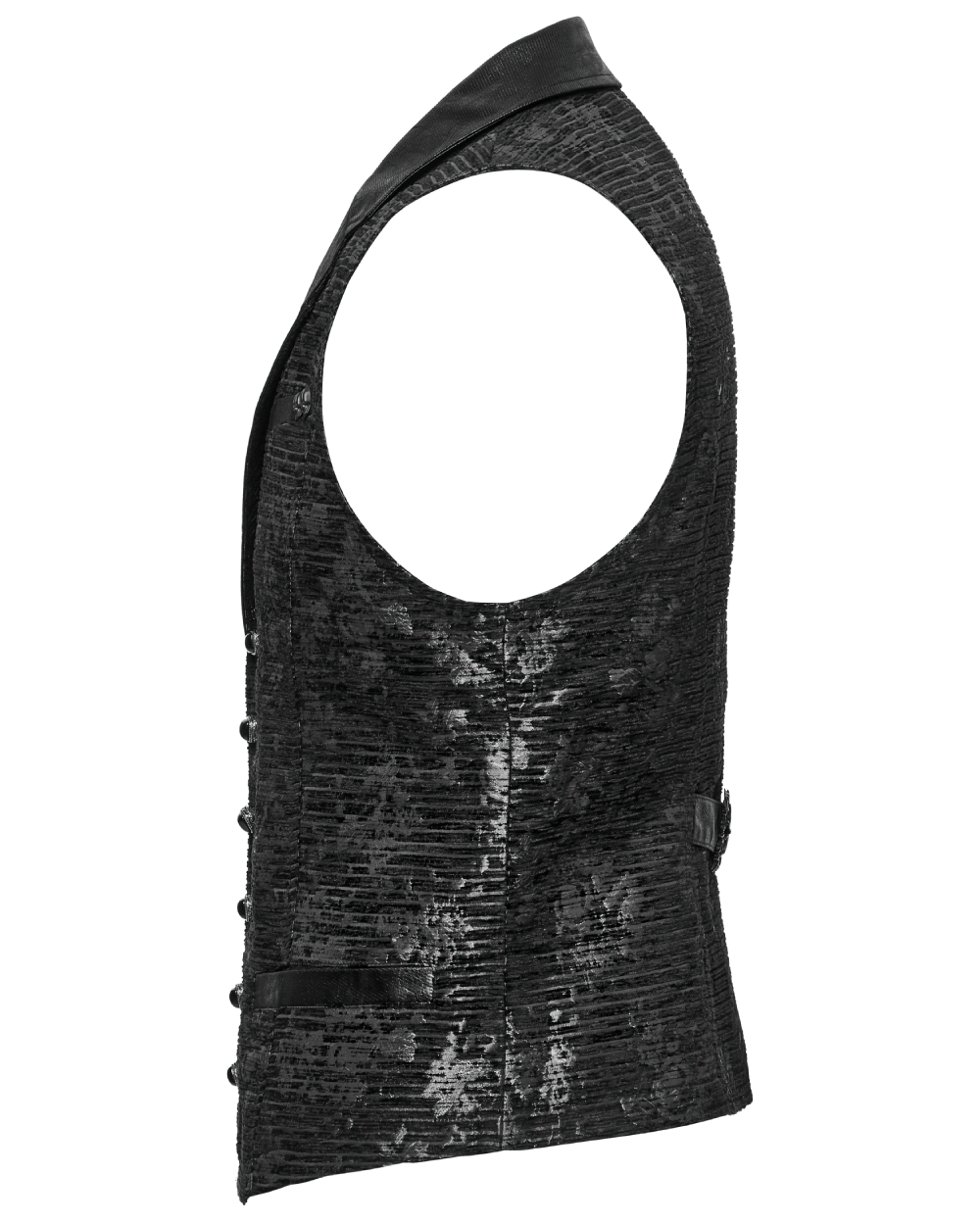 Gothic black jacquard waistcoat with skull details and a sleek flip collar, showcasing a unique textured design.