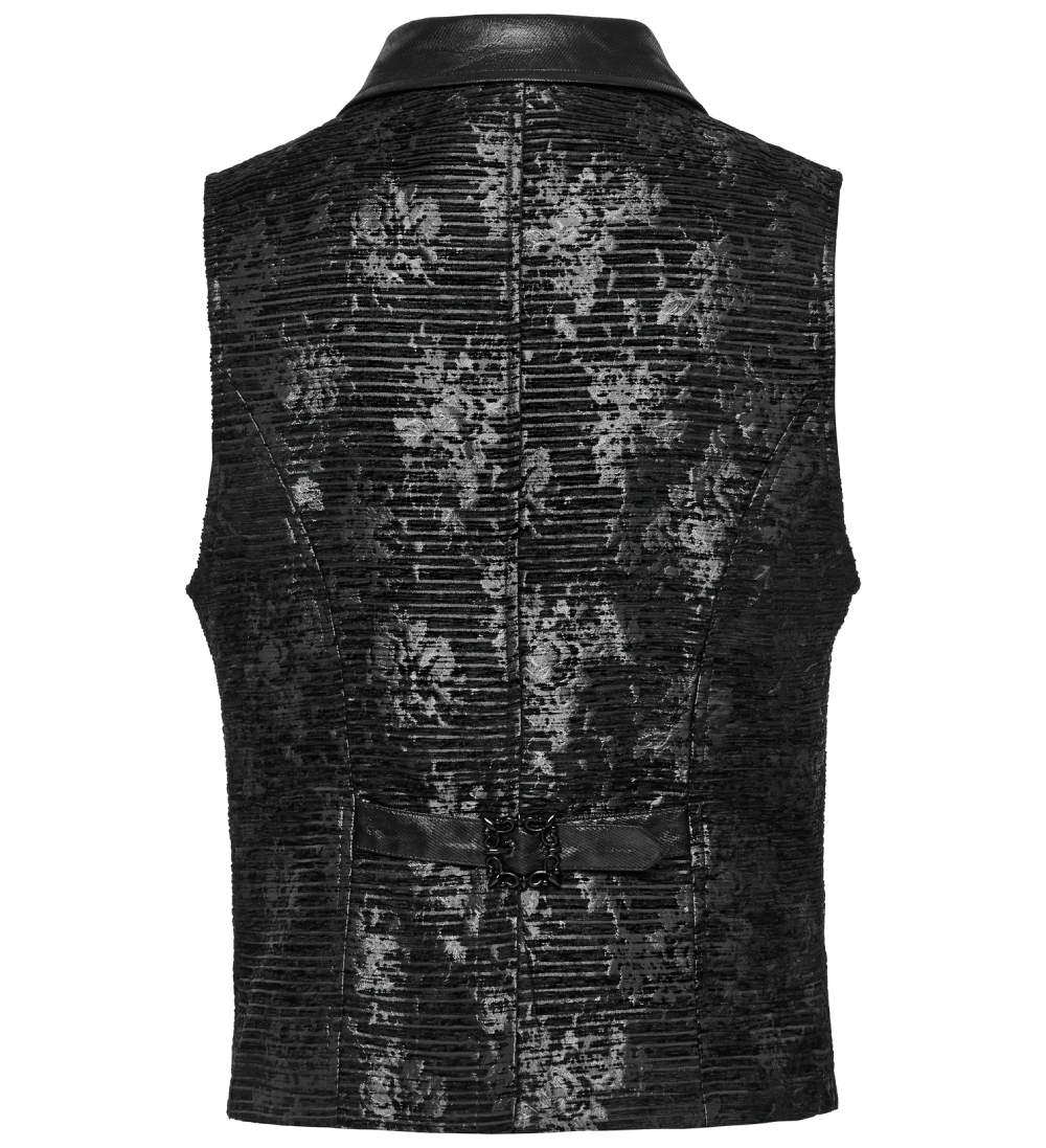 Back view of Gothic black jacquard waistcoat with skull details and decorative Gothic loop. Elegant and edgy design.