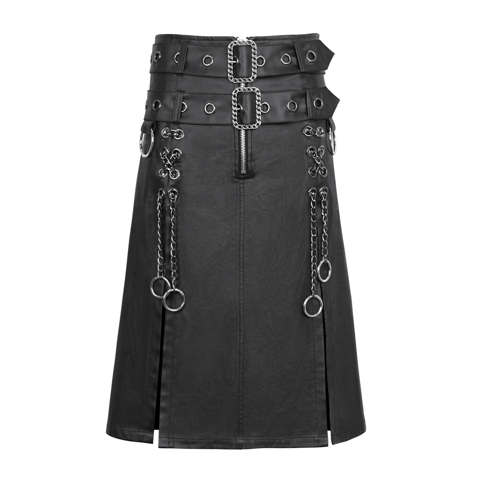Gothic black kilt with chains, metal details, and ripped design, perfect for punk-style fashion lovers.
