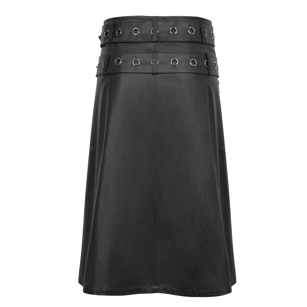 Gothic black kilt with chains and metal accents for an edgy punk style outfit.