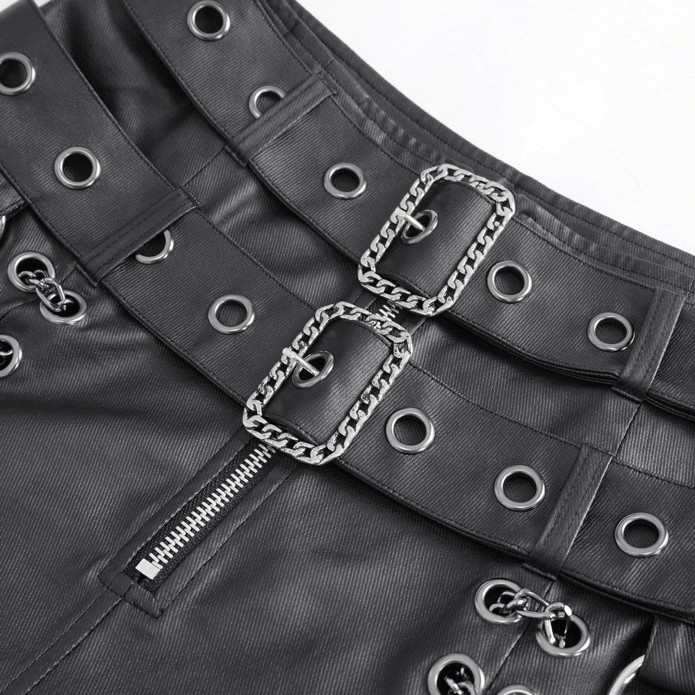 Close-up of Gothic black kilt featuring chains, metal buckles, and eyelets for a punk-inspired edgy style.