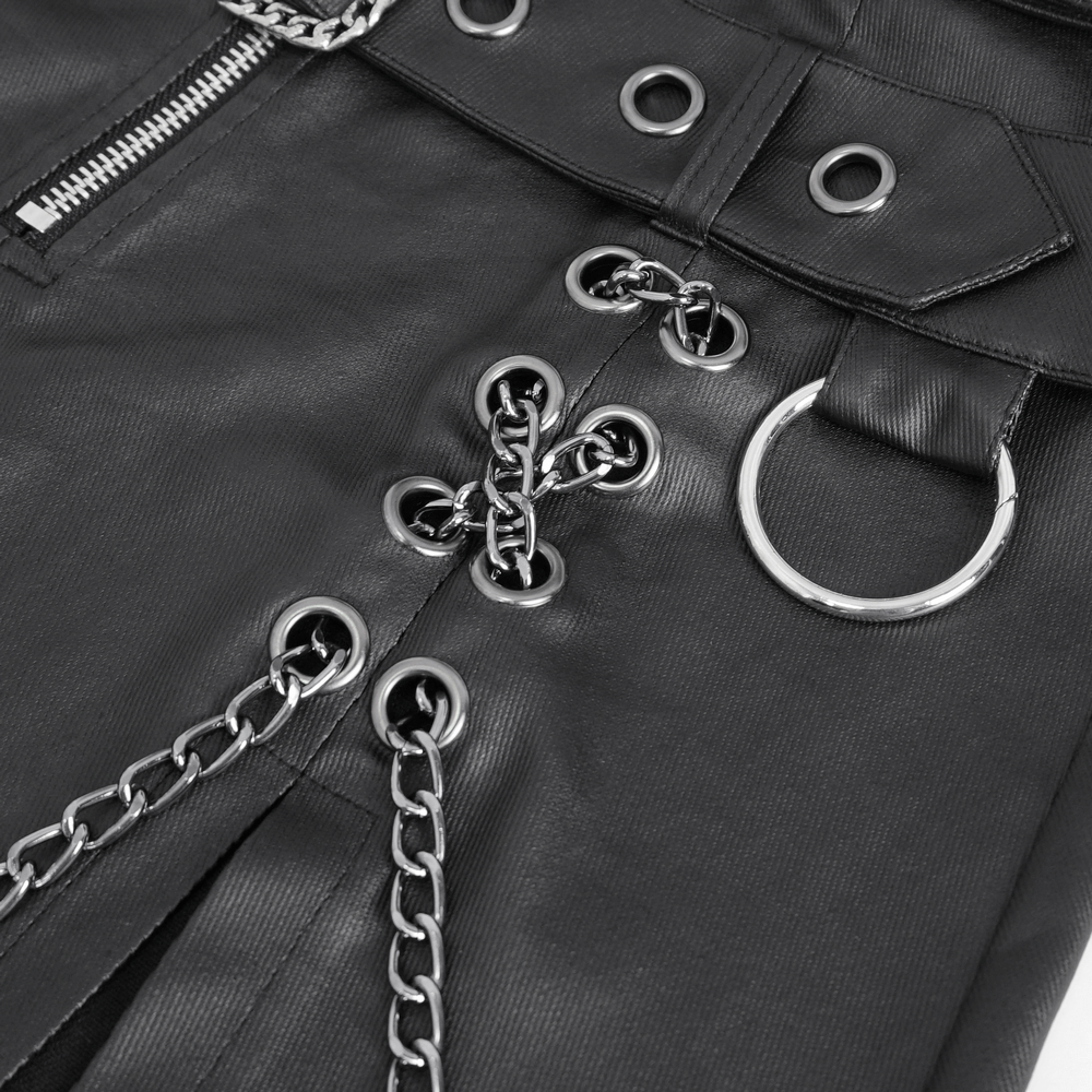 Close-up of Gothic black kilt featuring chains, metal details, and punk style accents for an edgy fashion statement.