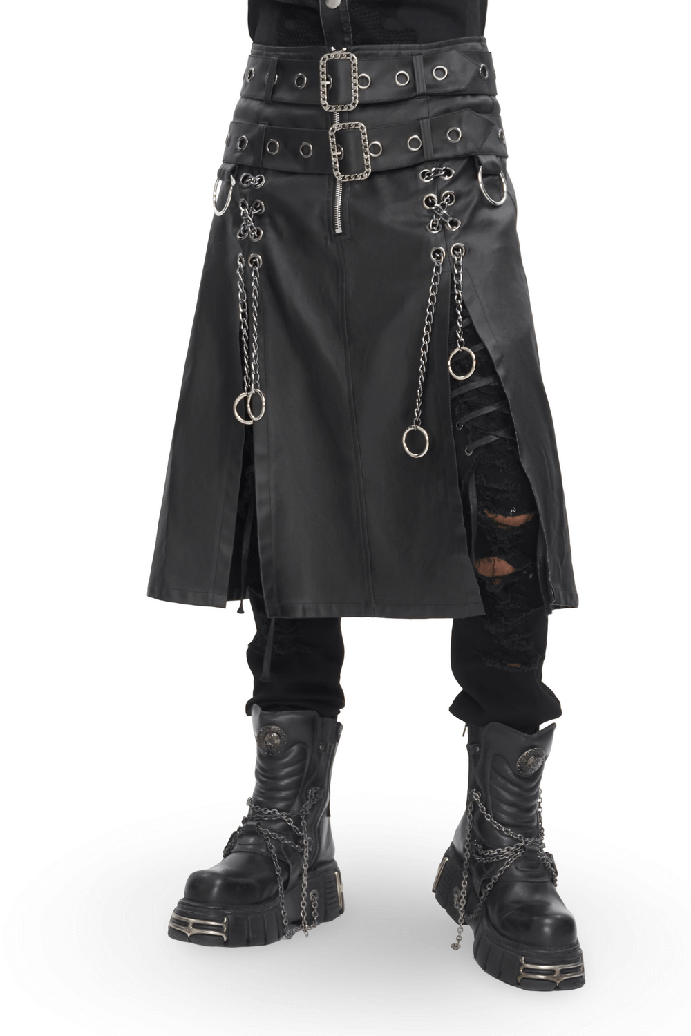 Gothic black kilt with chains and metal accents paired with punk-style boots, perfect for alternative fashion.