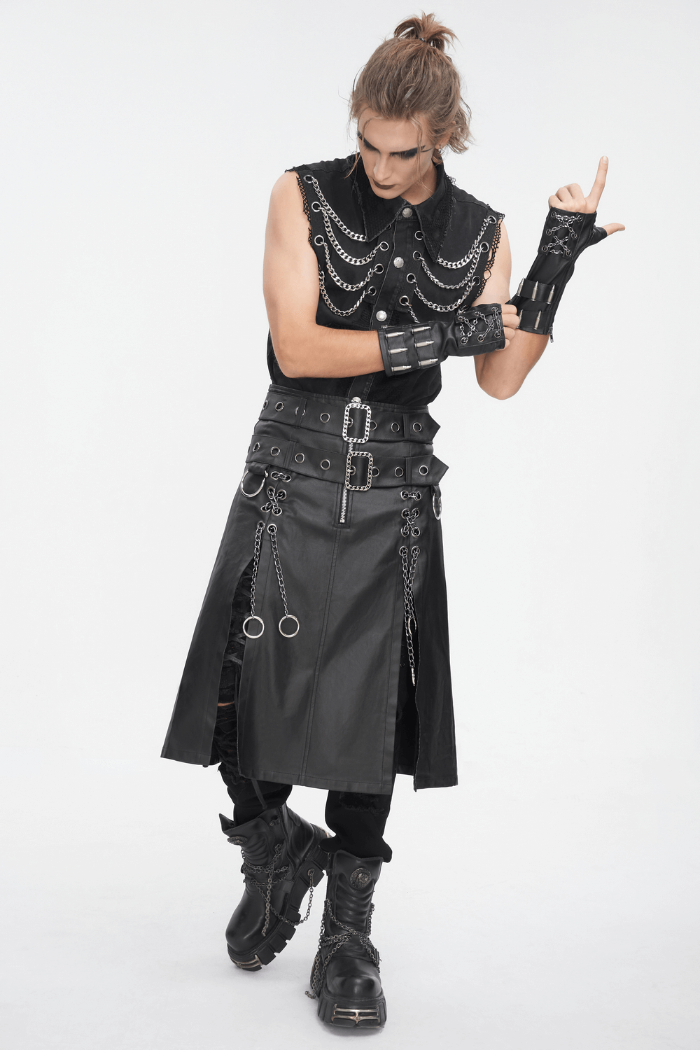 Gothic black kilt with chains, metal accents, and punk styling, perfect for edgy alternative fashion.