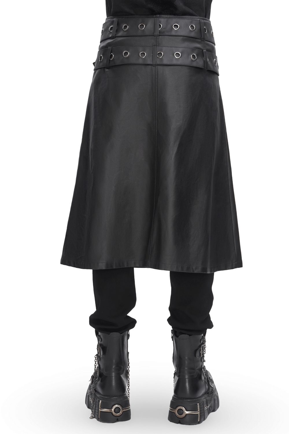 Back view of a Gothic black kilt with chains, metal details, and ripped design paired with edgy combat boots.