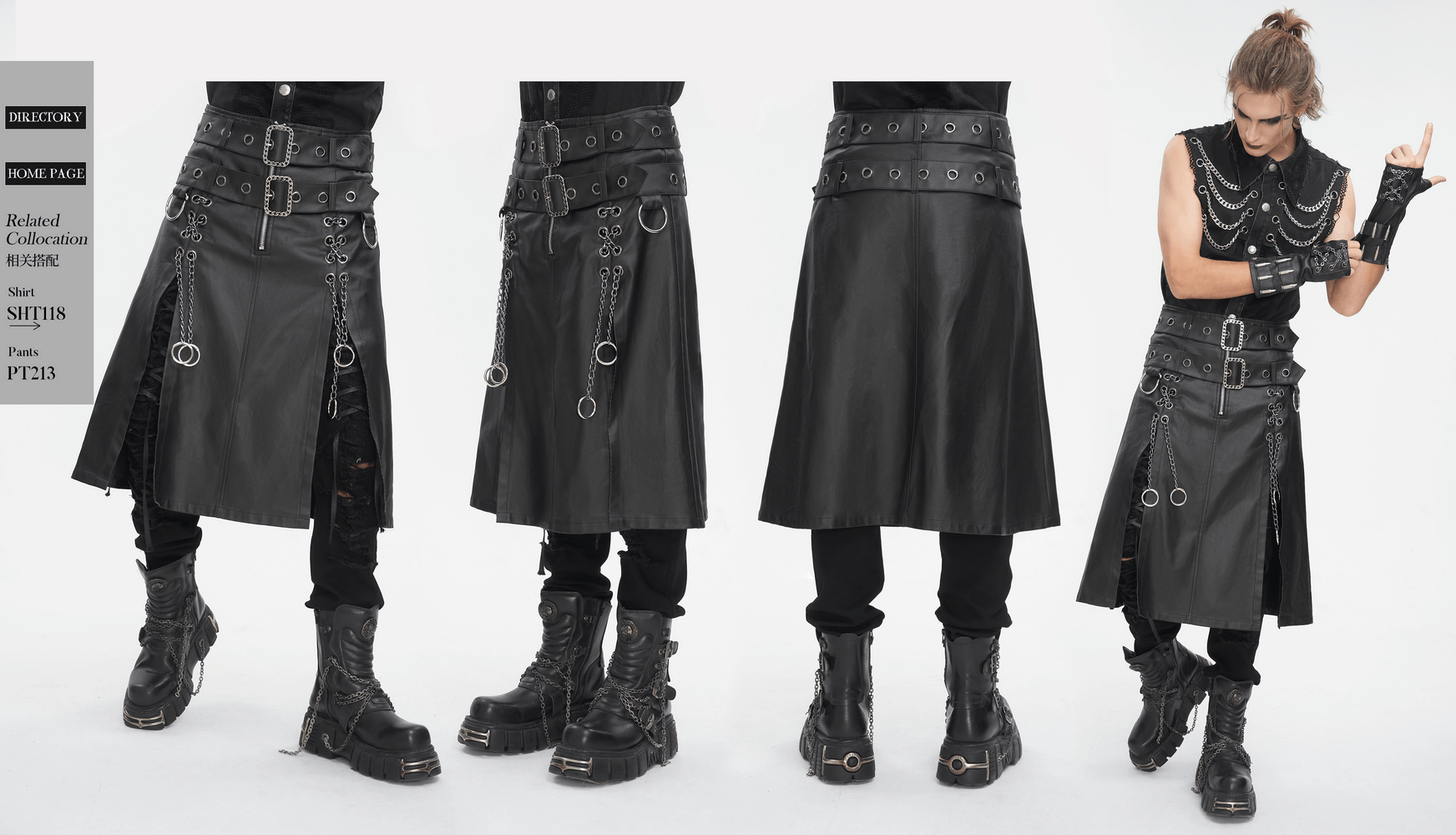 Gothic black kilt with chains and metal details, showcasing a punk style and ripped design, perfect for alternative fashion lovers.
