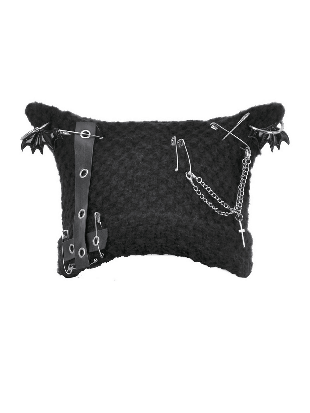 Gothic Black Knit Beanie Hat with Chains Pins and Bats featuring bat charms and safety pins for edgy style.
