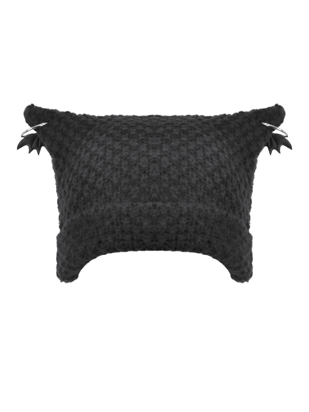 Gothic Black Knit Beanie Hat with Chains Pins and Bats featuring bat charms and textured knit fabric.
