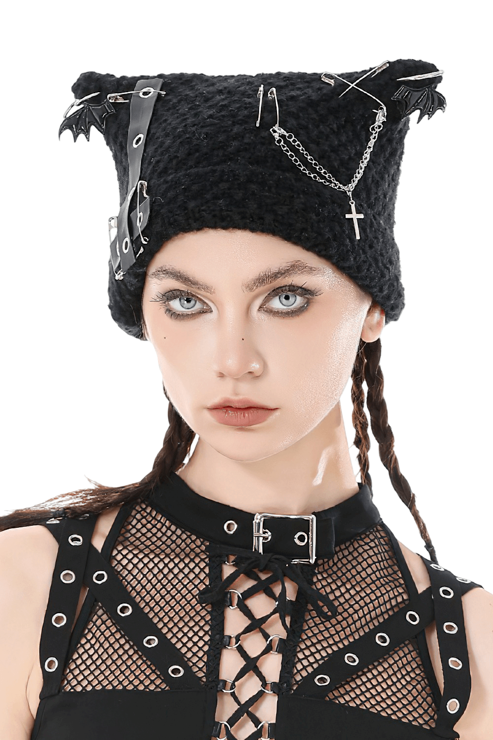 Gothic Black Knit Beanie Hat with Chains Pins and Bats worn by a model showcasing its unique features.