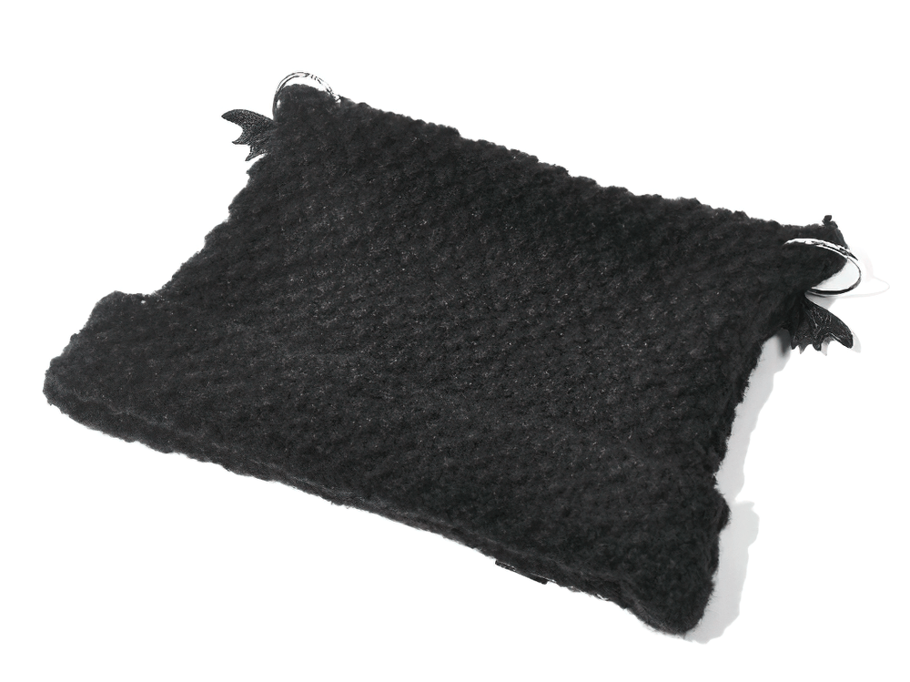 Gothic Black Knit Beanie Hat with Chains Pins and Bats - bold alternative punk style with bat accents.