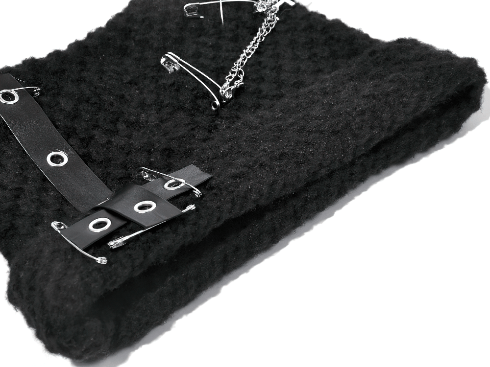 Gothic Black Knit Beanie Hat with Chains Pins and Bats featuring metal chains and safety pins for a bold look.