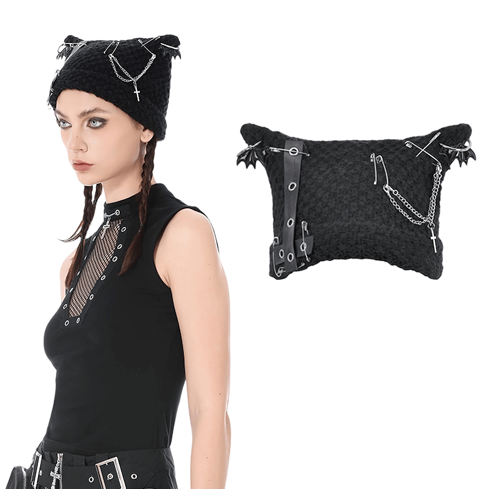 Gothic Black Knit Beanie Hat with Chains Pins and Bats worn by model, showcasing punk style and bold accessories.