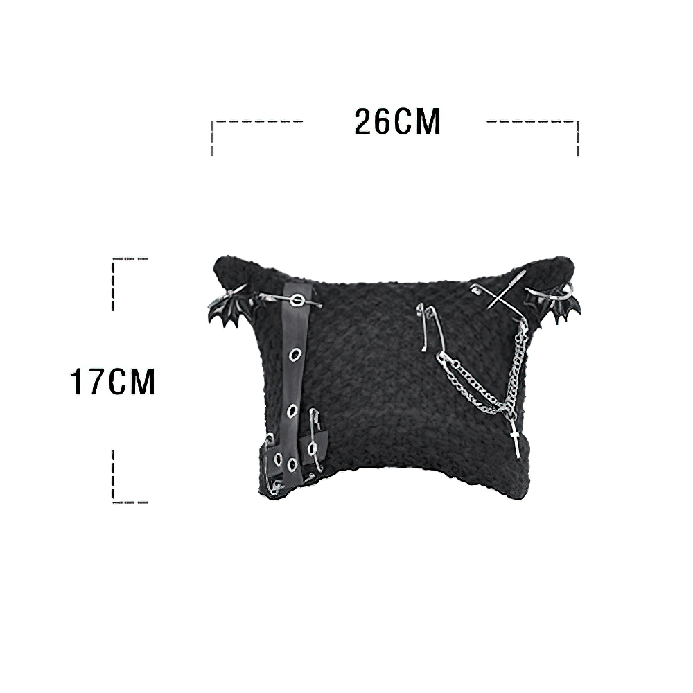 Gothic Black Knit Beanie Hat with Chains Pins and Bats displayed with dimensions 26CM x 17CM.