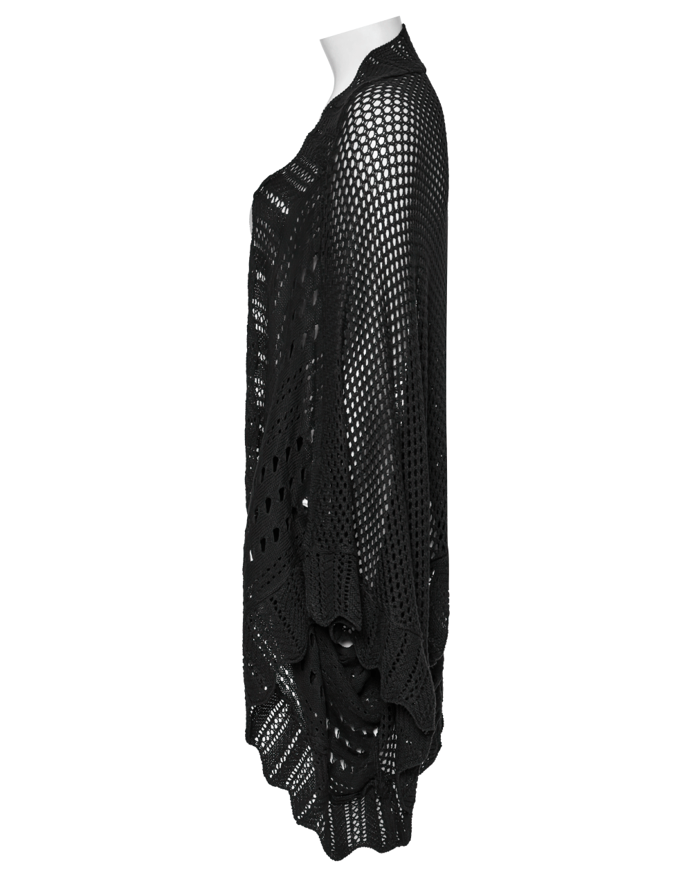 Side view of Gothic black knit hollow out cape with wide sleeves, showcasing intricate hollow pattern and relaxed fit.