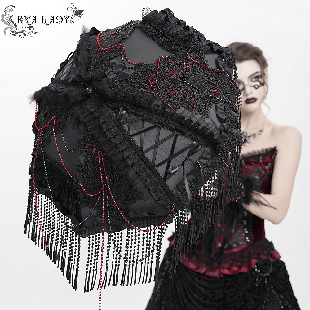 Gothic black lace umbrella with red bead fringe, showcasing vintage-inspired elegance and dramatic style.