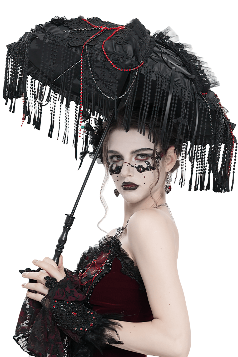 Gothic black lace umbrella with red bead accents, perfect for vintage-inspired fashion.