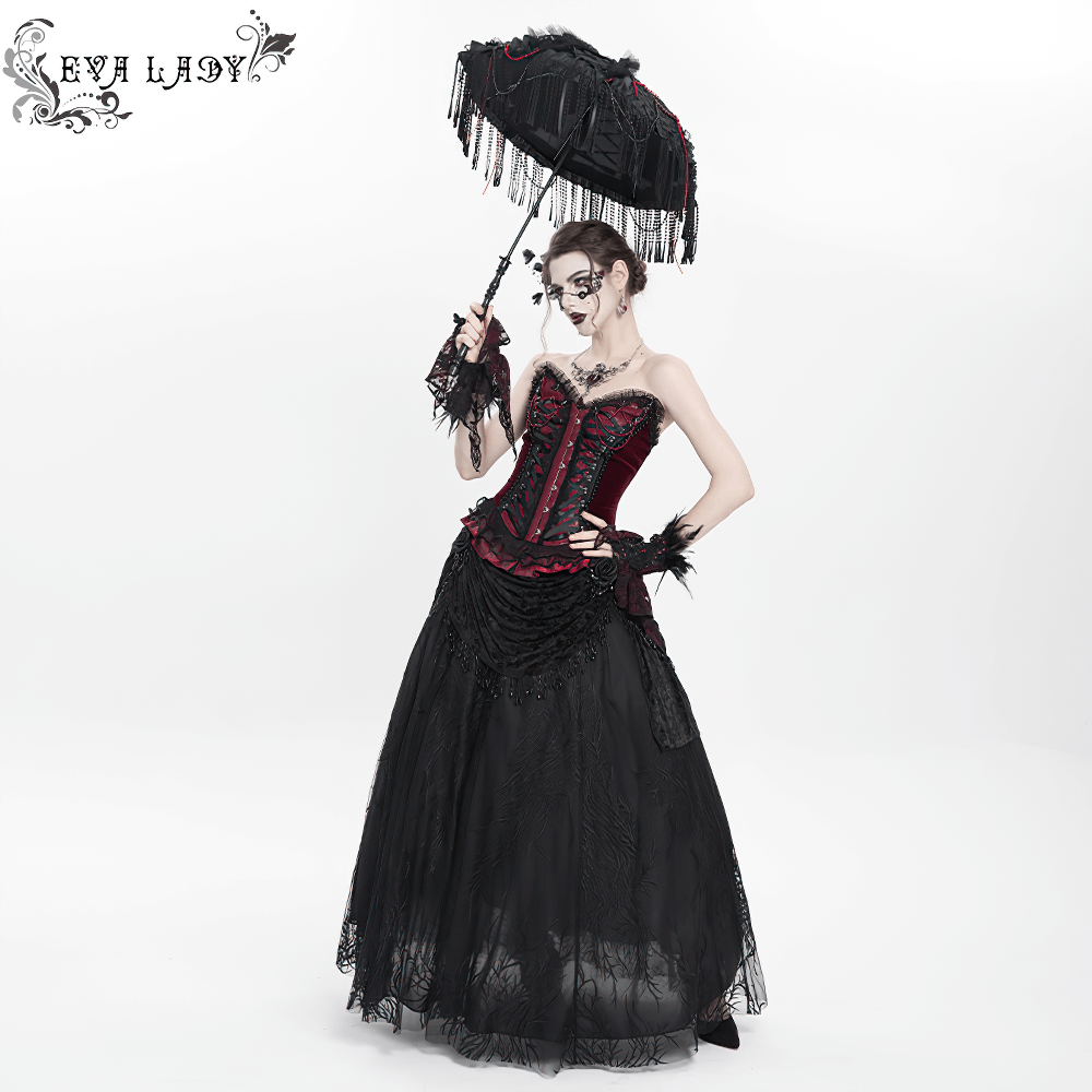 Gothic black lace umbrella with red bead accents, perfect for vintage-inspired fashion and dramatic style statements.