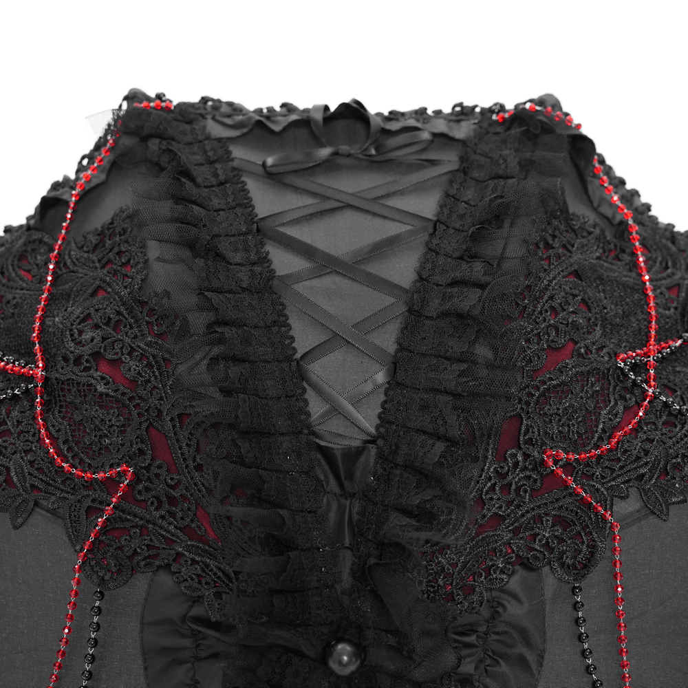 Gothic black lace dress with red bead accents and ruffled detailing, perfect for vintage-inspired fashion.