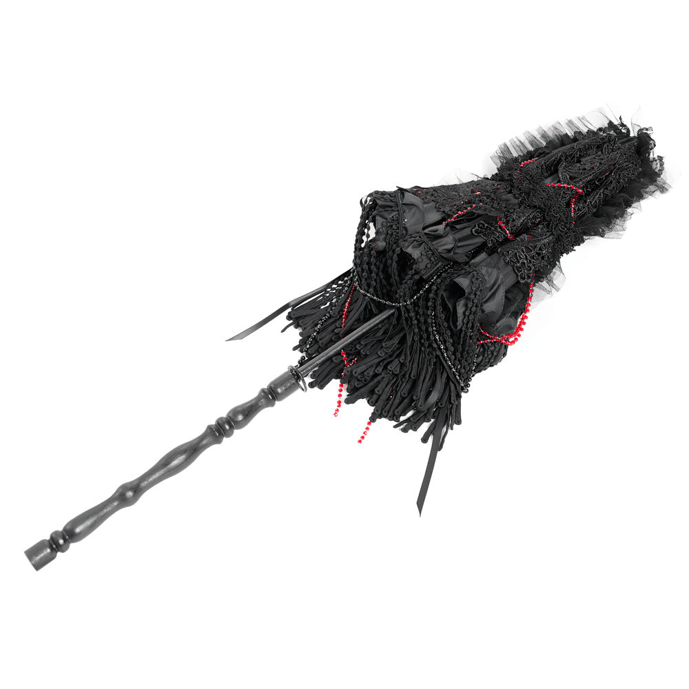 Gothic black lace umbrella with red bead accents and dramatic fringe detailing.