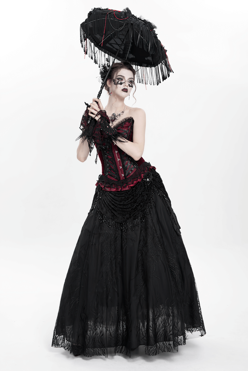 Gothic black lace umbrella with red accents, model in vintage dress, striking dark fashion statement.
