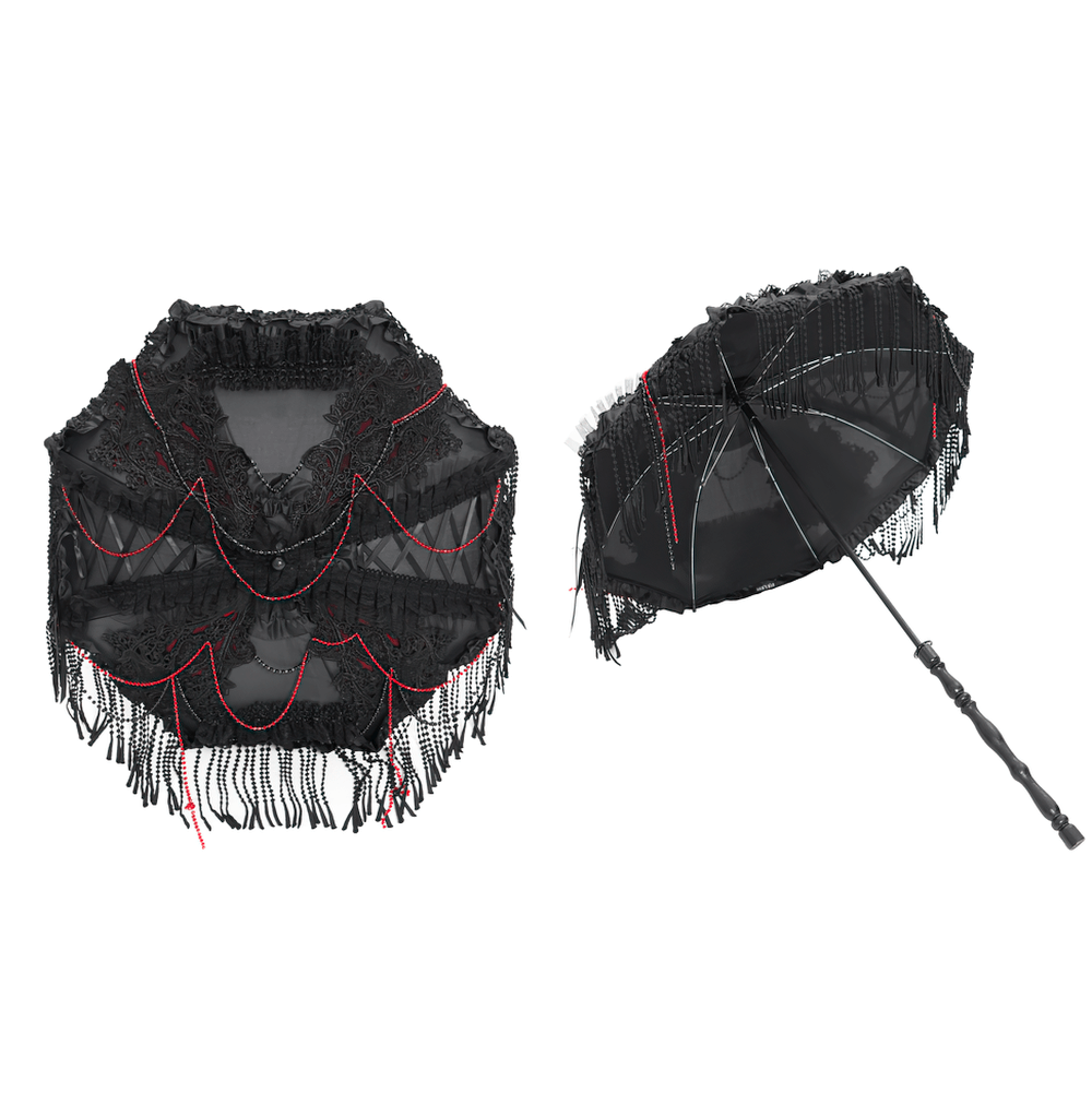 Gothic black lace umbrella with red bead accents and elegant fringe, perfect for vintage fashion.